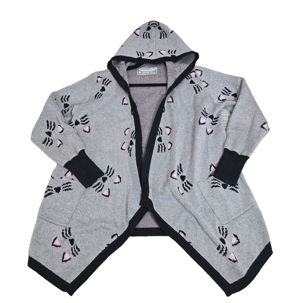 Think Geek Cat Cardigan Sweater Womens Medium Grey Knit Hooded Long Sleeve Kitty